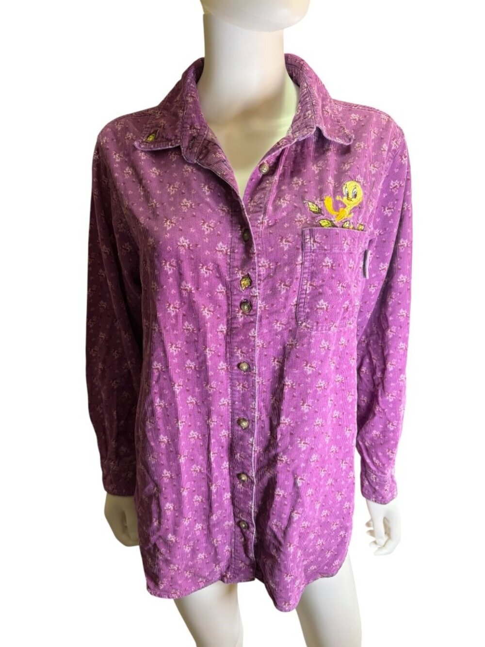 Vintage Loony Toon Corduroy Shirt Tweety Bird Long-Sleeve Womens Size Large EUC